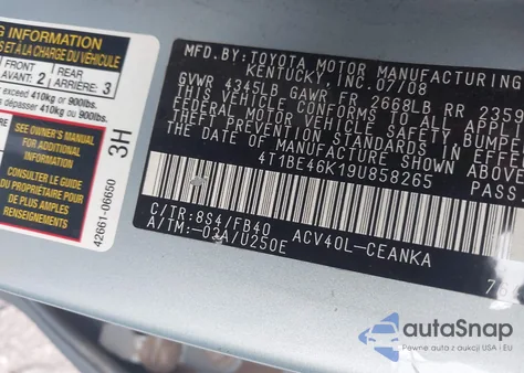 2009 Toyota Camry Se/Le/Xle from USA, damaged, VIN 4T1BE46K19U858265